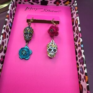Betsey Johnson Halloween Colorful Skull and Flower Mismatch Earrings